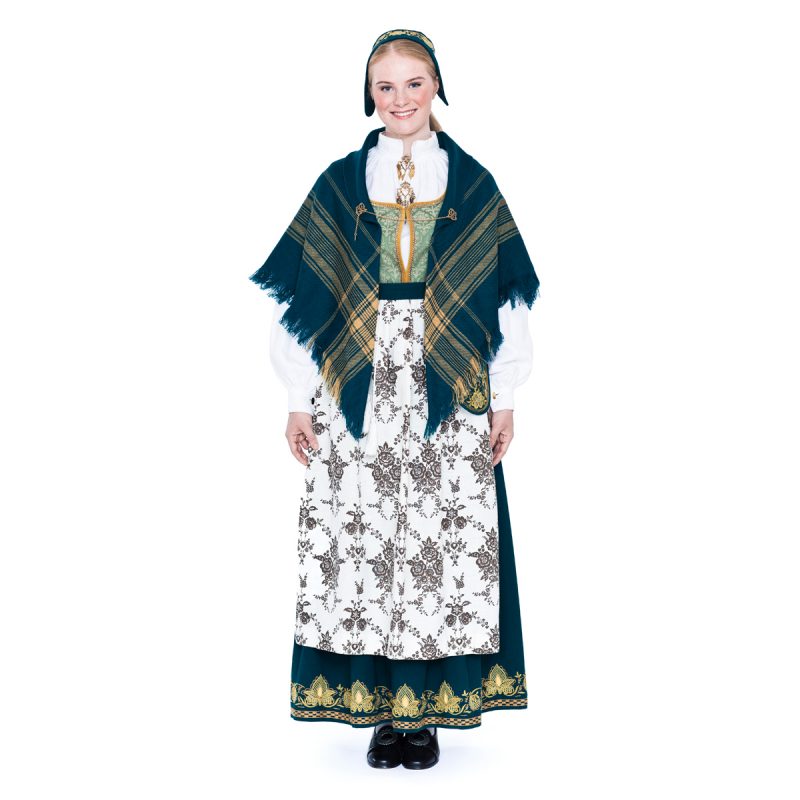 Romerike_L55__blågrønn_damebunad_sjal_blomstret_forkle